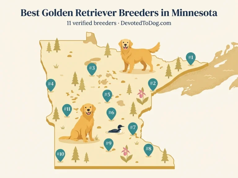 Editorial flat-vector map of Minnesota with two golden retrievers, 11 numbered teal location pins, Lake Superior shoreline, scattered lakes, pine trees, Lady's Slipper wildflowers, and a loon. Title: Best Golden Retriever Breeders in Minnesota. 11 verified breeders, DevotedToDog.com.