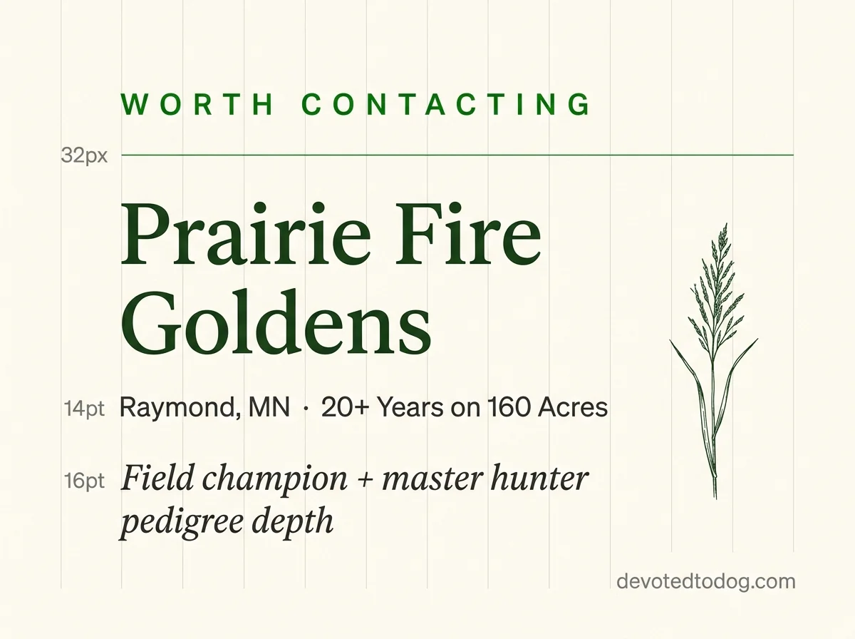 Prairie Fire Goldens editorial profile card, Raymond MN, with golden retriever portrait and GRCA Member verification badge.