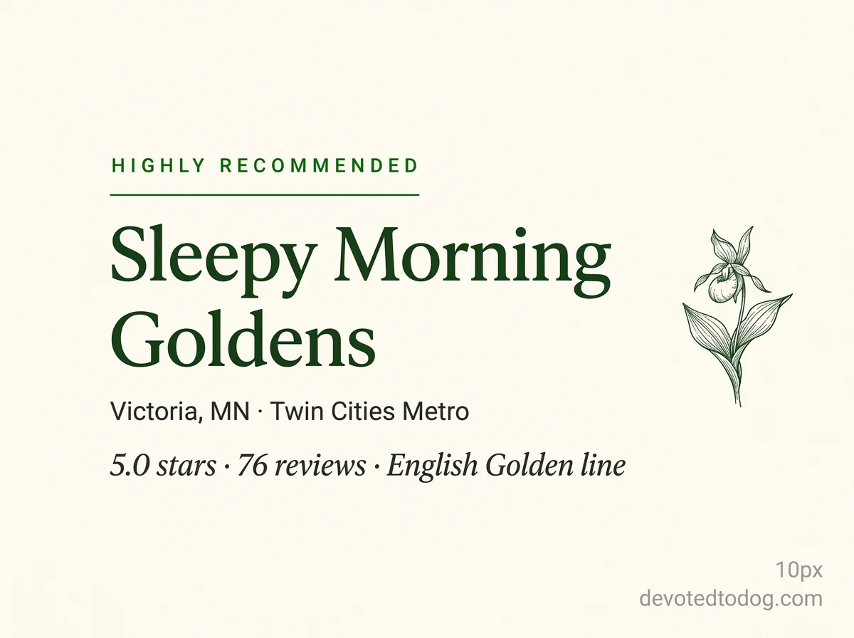 Sleepy Morning Goldens editorial profile card, Victoria MN, with golden retriever portrait and GRCA Member verification badge.