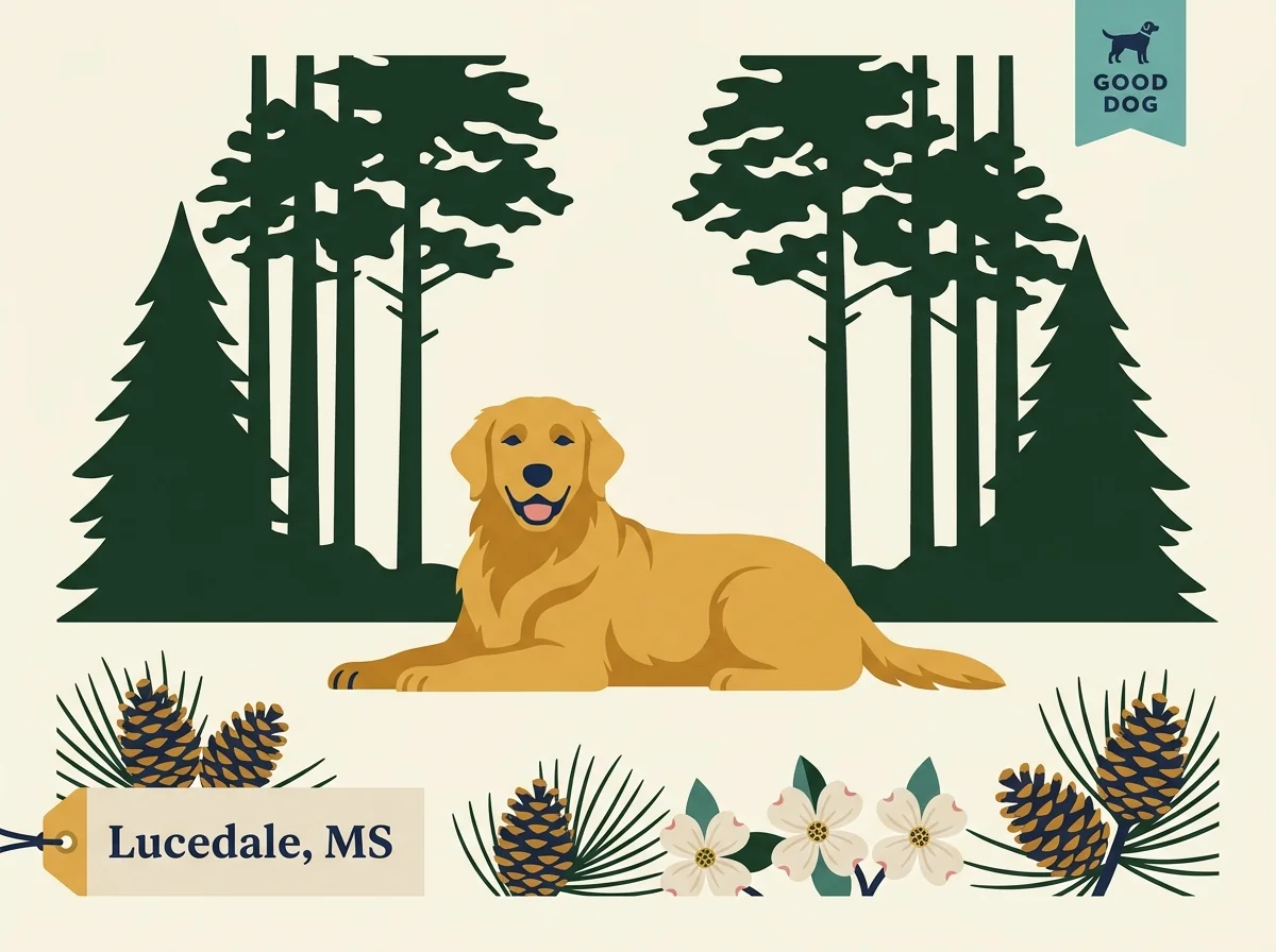 Goode LOVIN Retrievers editorial profile card showing Good Dog certified badge with Lucedale George County southeast Mississippi family in-home location near Mobile Alabama border.