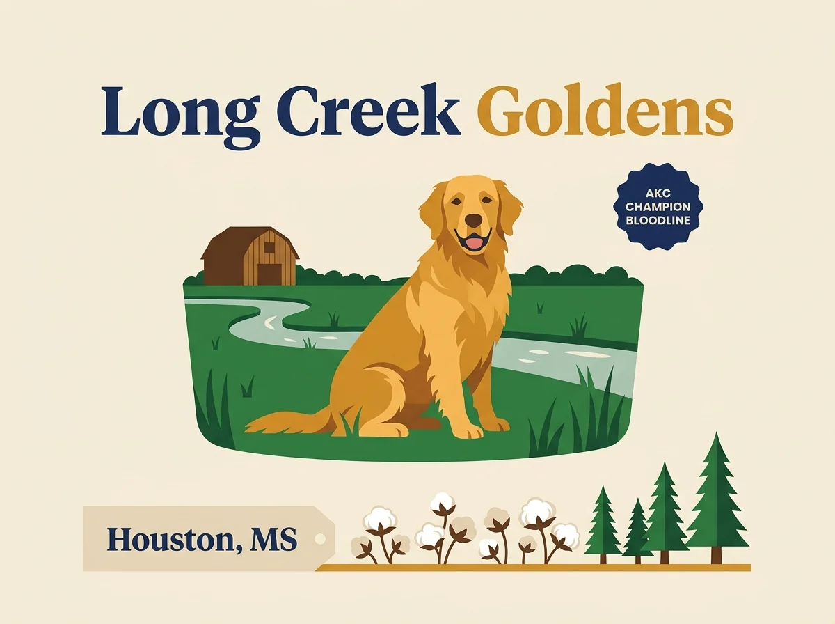 Long Creek Goldens editorial profile card showing AKC Champion Bloodline badge with Houston Chickasaw County Mississippi north-central rural location.