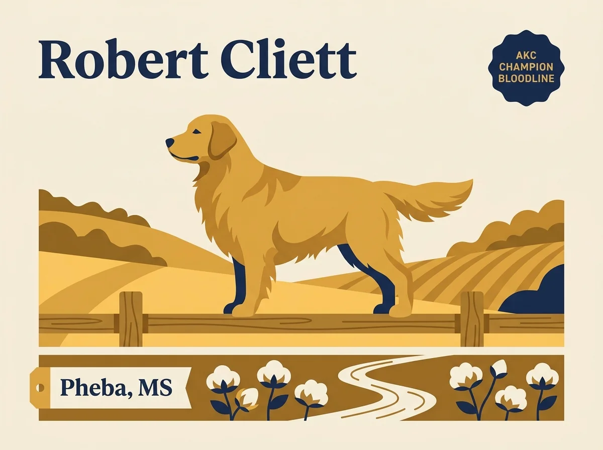 Robert Cliett editorial profile card showing AKC Champion Bloodline badge with Pheba Clay County Northeast Mississippi farm location between Tupelo and Columbus.
