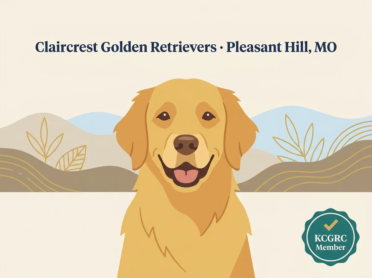 Claircrest Golden Retrievers editorial profile illustration with stylized golden retriever portrait and Missouri Ozark hills silhouette.
