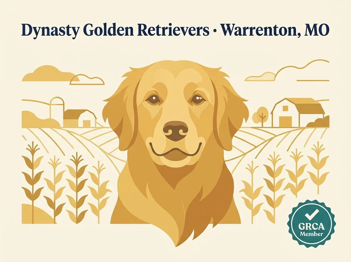 Dynasty Golden Retrievers editorial profile illustration showing stylized golden retriever and Missouri farmland silhouette.