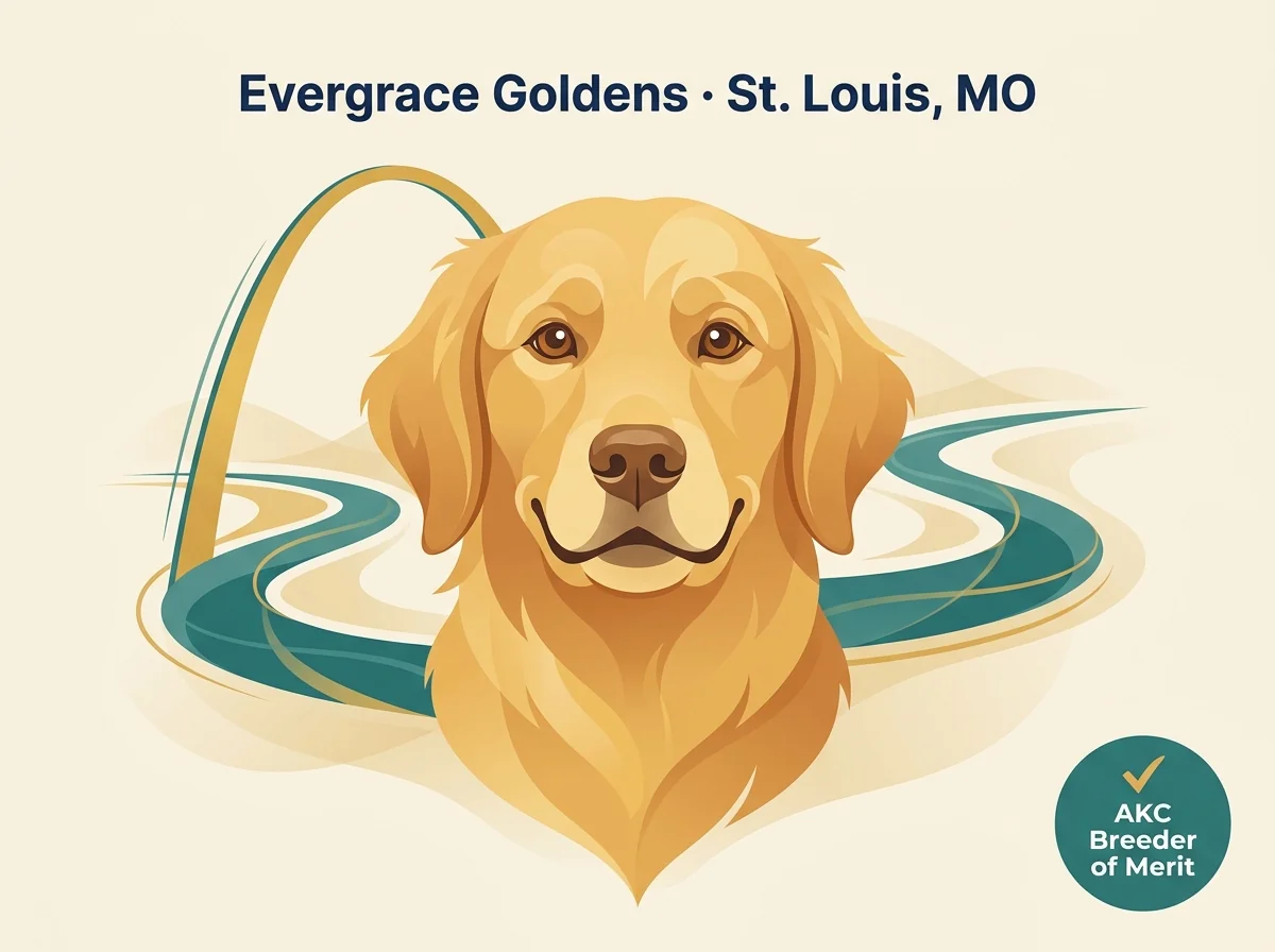 Evergrace Goldens editorial profile illustration with stylized golden retriever portrait and Gateway Arch silhouette behind.