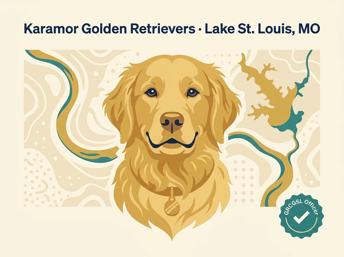 Karamor Golden Retrievers editorial profile illustration showing stylized golden retriever portrait with Missouri river silhouette.