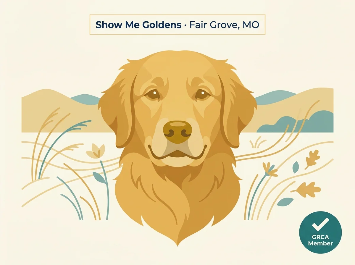 Show Me Goldens editorial profile illustration with stylized golden retriever and Ozark hill silhouette.