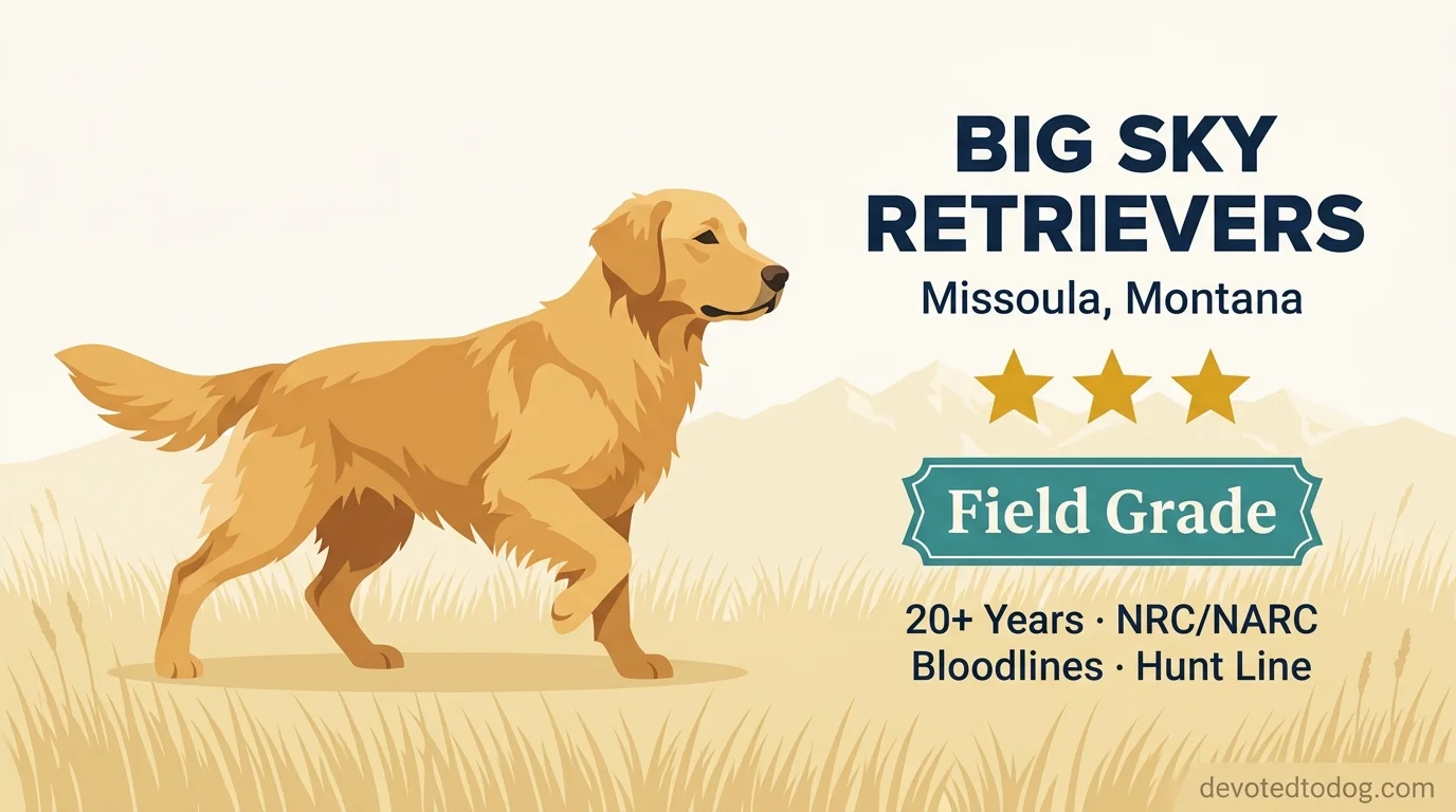 Big Sky Retrievers editorial profile illustration showing a working-line golden retriever in a Missoula field setting with Bitterroot range backdrop.