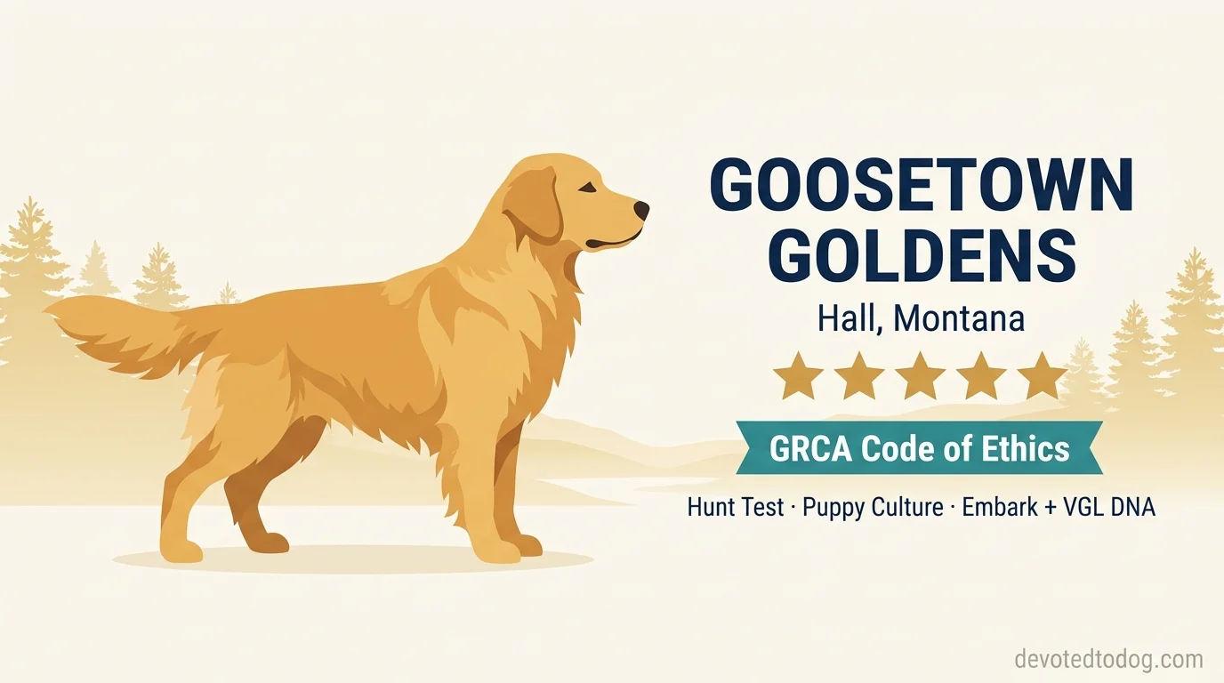 Goosetown Goldens editorial profile illustration showing a stylized golden retriever in a Montana mountain valley setting with GRCA Code of Ethics badge.