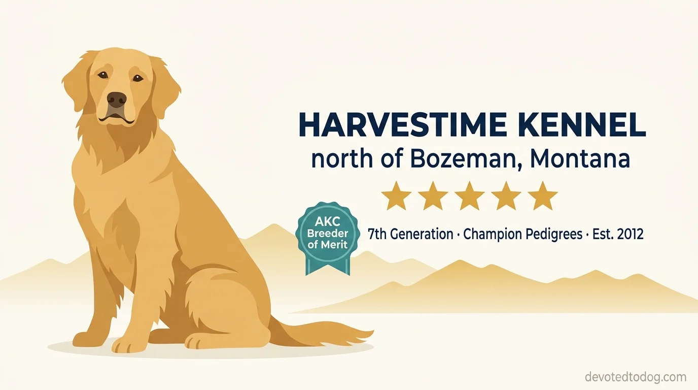 Harvestime Kennel editorial profile illustration showing a golden retriever with a Bozeman Bridger Range silhouette and AKC Breeder of Merit badge.