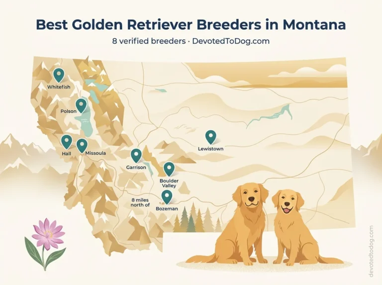 Stylized illustrated map of Montana showing eight verified golden retriever breeder locations with two adult golden retrievers, Glacier National Park silhouettes, and Big Sky horizon in cream and gold.