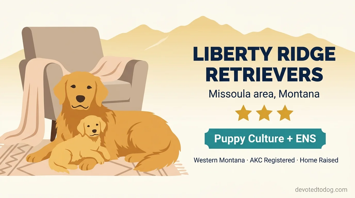 Liberty Ridge Retrievers editorial profile illustration showing a golden retriever puppy in a western Montana home setting with Bitterroot Mountains backdrop.