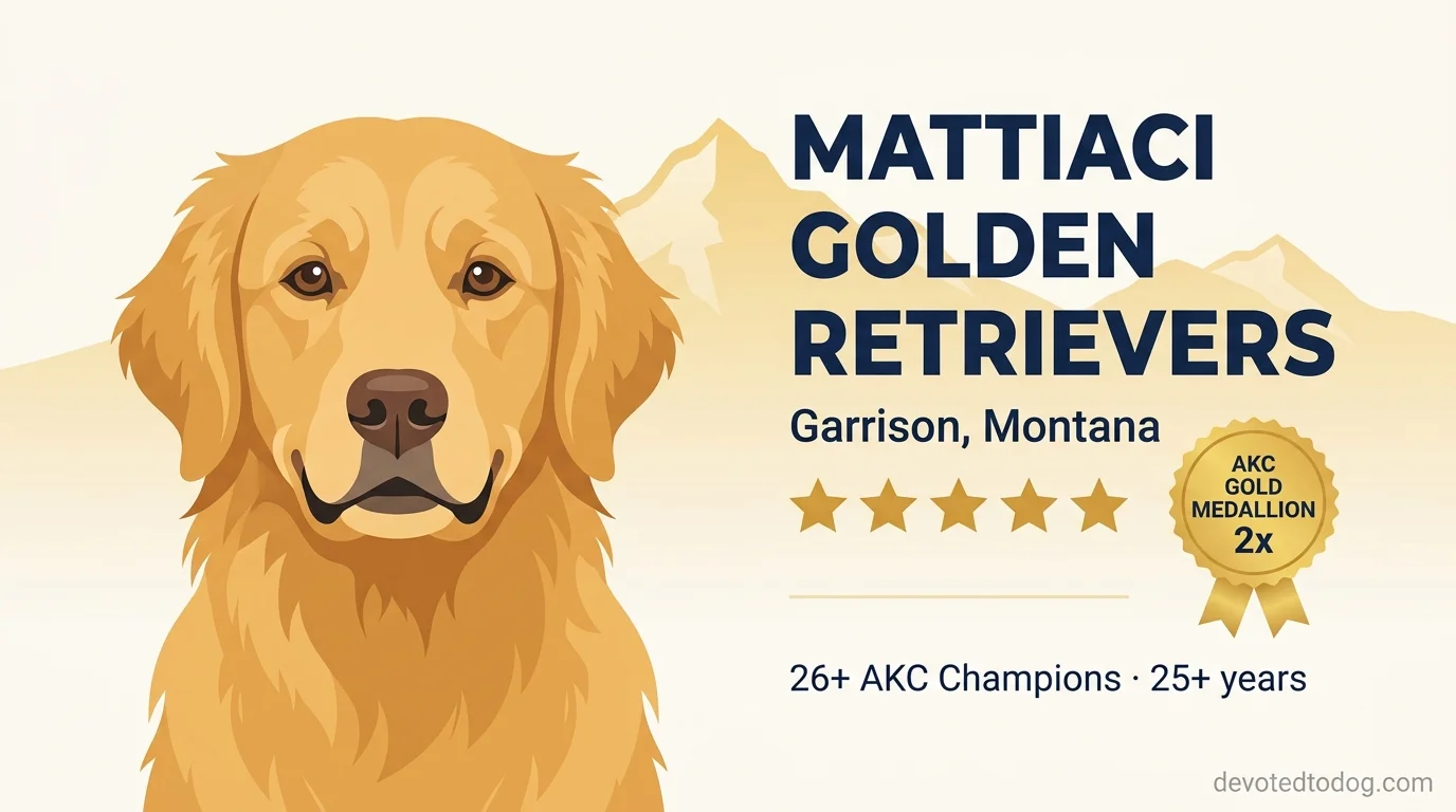Mattiaci Golden Retrievers editorial profile illustration showing a stylized golden retriever portrait with Montana Rocky Mountain silhouette and AKC Gold Medallion badge.