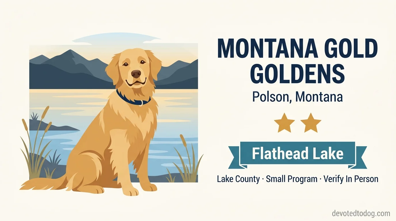 Montana Gold Goldens editorial profile illustration showing a golden retriever near Flathead Lake in Polson with Mission Mountain silhouettes.