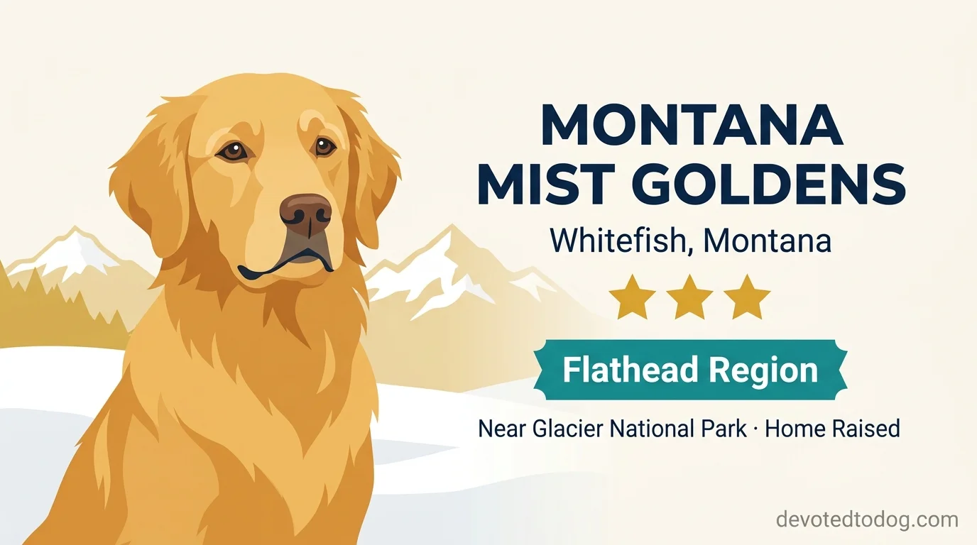 Montana Mist Goldens editorial profile illustration showing a golden retriever near Whitefish with Glacier National Park snowcapped peaks in the background.