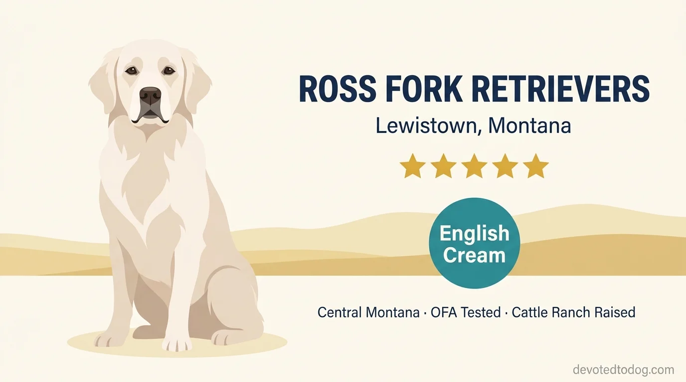 Ross Fork Retrievers editorial profile illustration showing a cream-colored golden retriever in a central Montana cattle ranch setting with rolling prairie horizon.