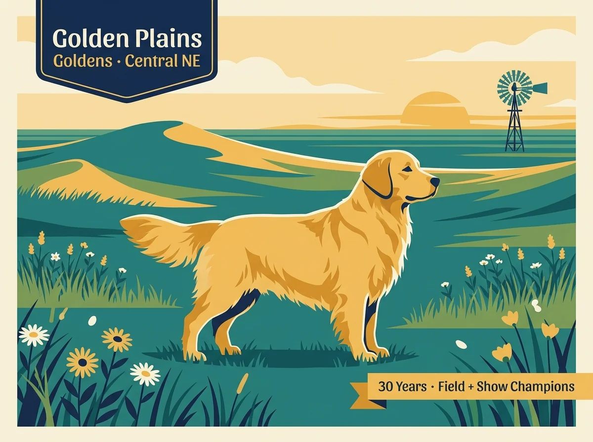 Golden Plains Goldens editorial profile card showing tier rating, Central Nebraska location, and 30-year program with Field + Show Champion credentials