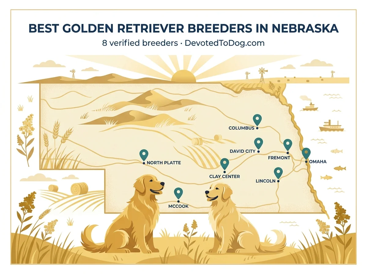 Map of Nebraska showing the locations of eight recommended golden retriever breeders, with goldenrod flowers, Sandhills, and prairie illustrating the state's regions.
