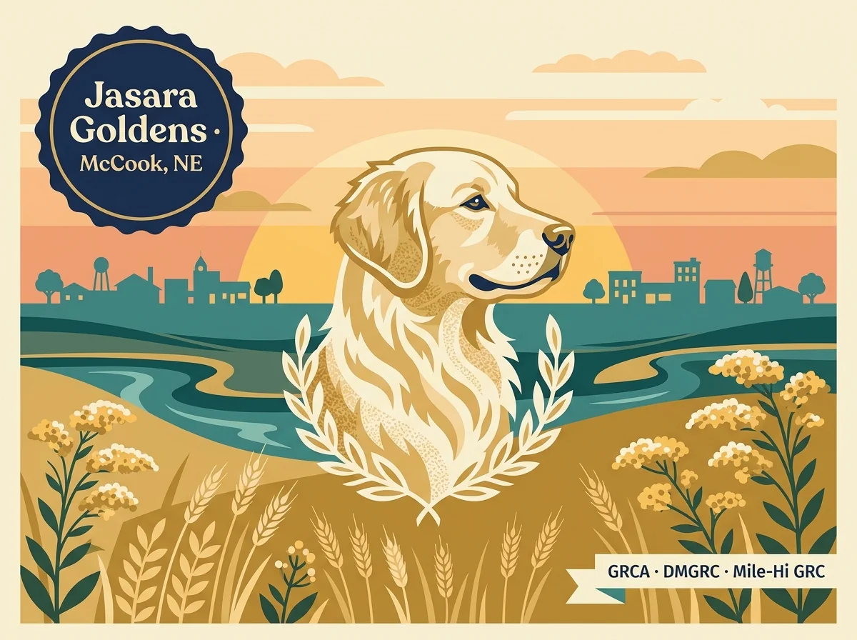 Jasara Goldens editorial profile card showing tier rating, McCook NE location, and triple GRCA-affiliate club credentials