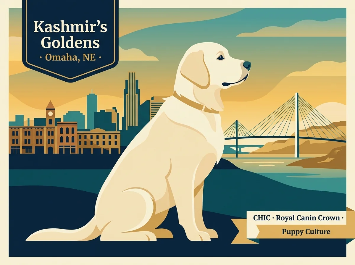 Kashmir's Golden Retrievers editorial profile card showing tier rating, Omaha NE location, and CHIC + Royal Canin Crown + Puppy Culture credentials