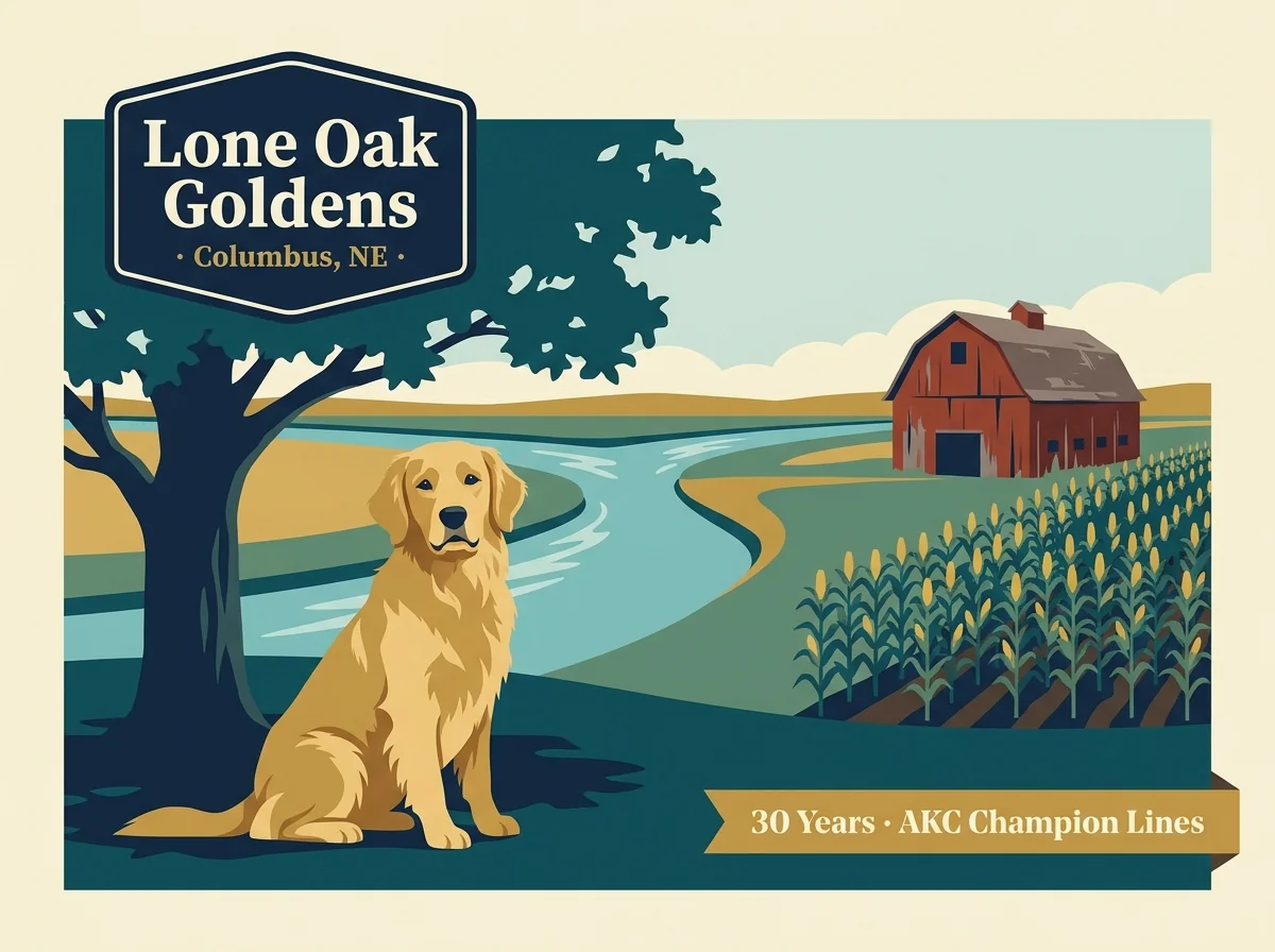 Lone Oak Goldens editorial profile card showing tier rating, Columbus NE location, and 30-year AKC Champion lines