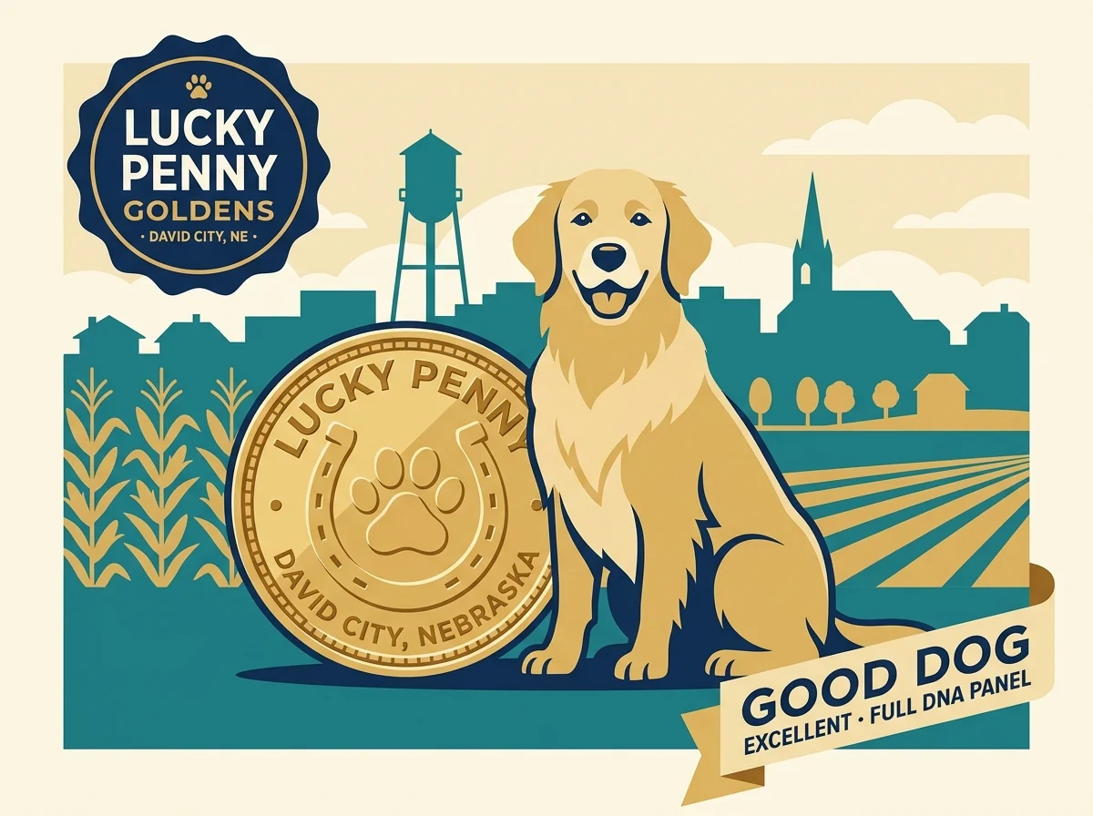 Lucky Penny Goldens editorial profile card showing tier rating, David City NE location, and Good Dog Excellent + full DNA panel credentials