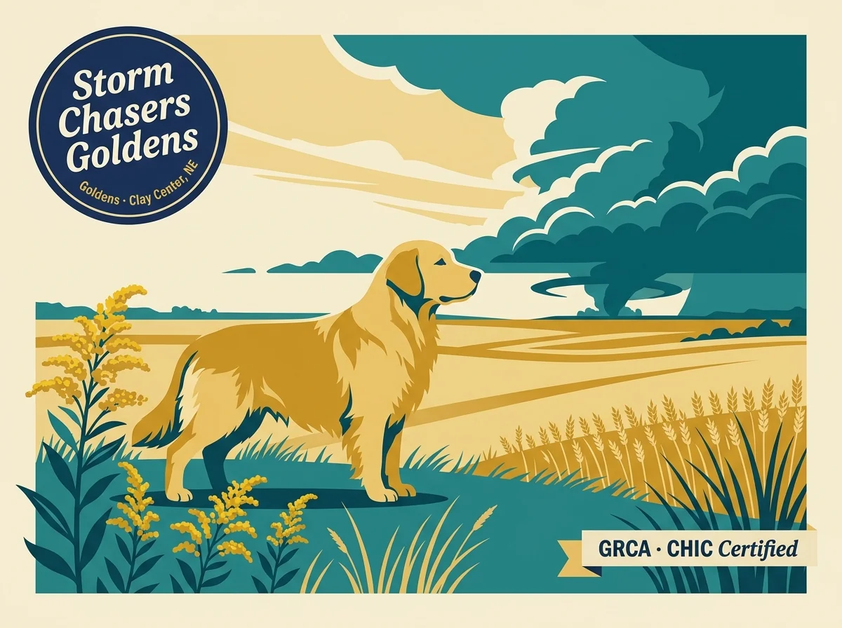 Storm Chasers Golden Retrievers editorial profile card showing tier rating, Clay Center NE location, and GRCA + CHIC Certified credentials