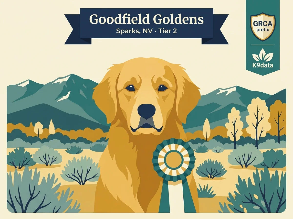 Goodfield Goldens editorial profile card showing tier rating, Sparks Nevada location, GRCA prefix and titled dog credentials.
