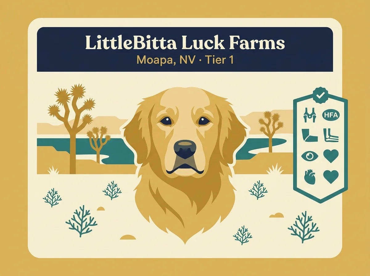LittleBitta Luck Farms editorial profile card showing tier rating, Moapa Nevada location, and key health credentials.