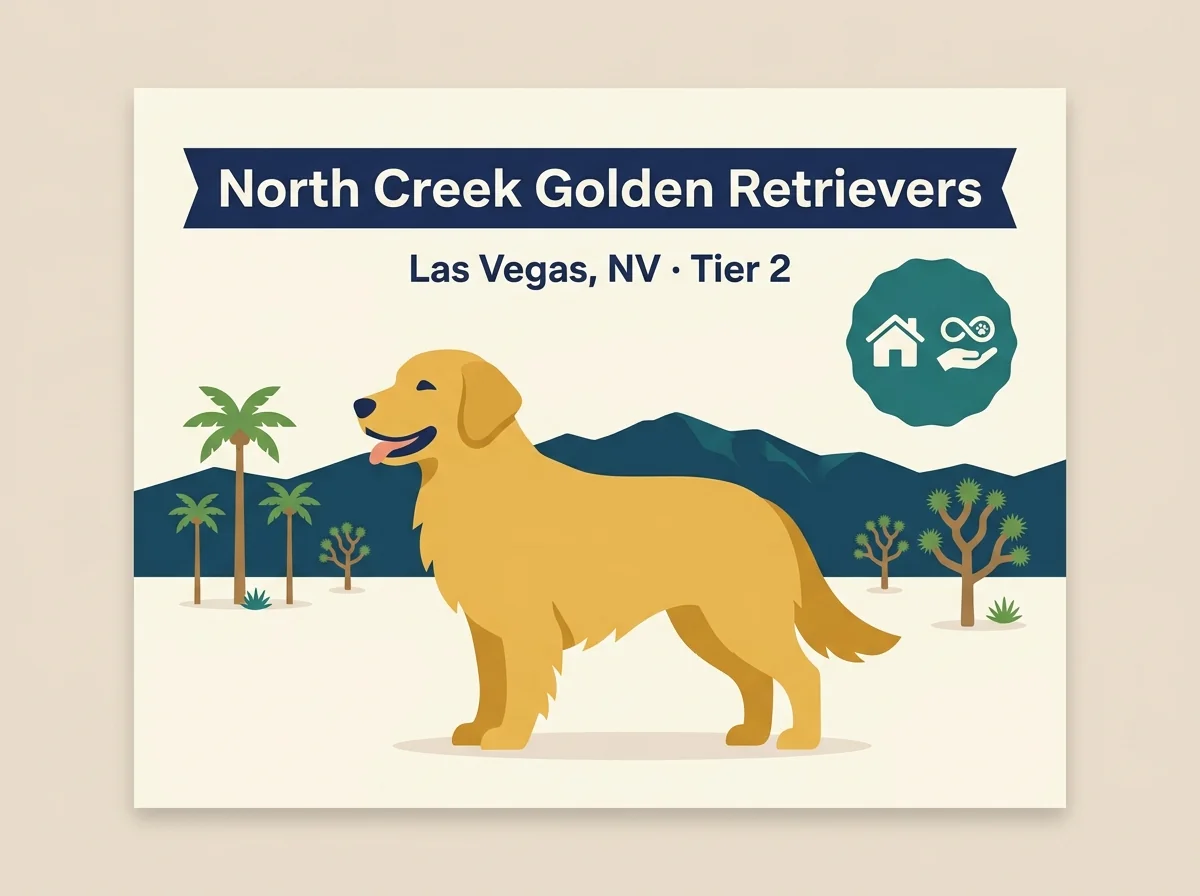 North Creek Golden Retrievers editorial profile card showing tier rating and Las Vegas Nevada location.