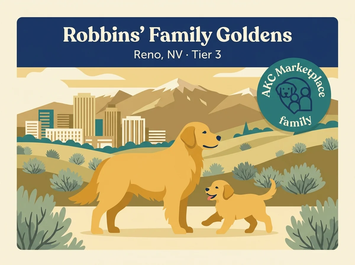 Robbins Family Golden Retrievers editorial profile card showing tier rating and Reno Nevada location.