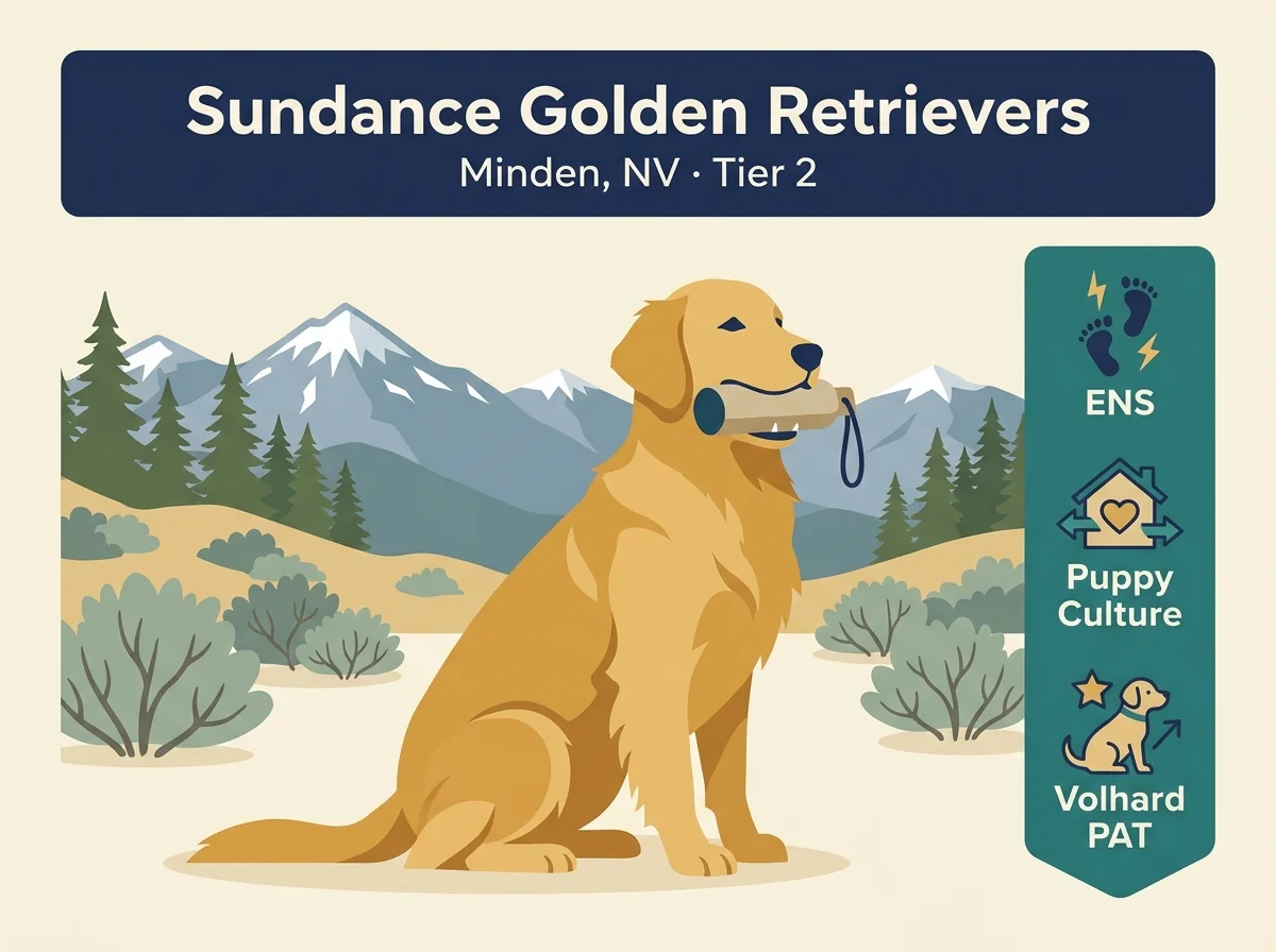 Sundance Golden Retrievers editorial profile card showing tier rating, Minden Nevada location, and key working-line credentials.