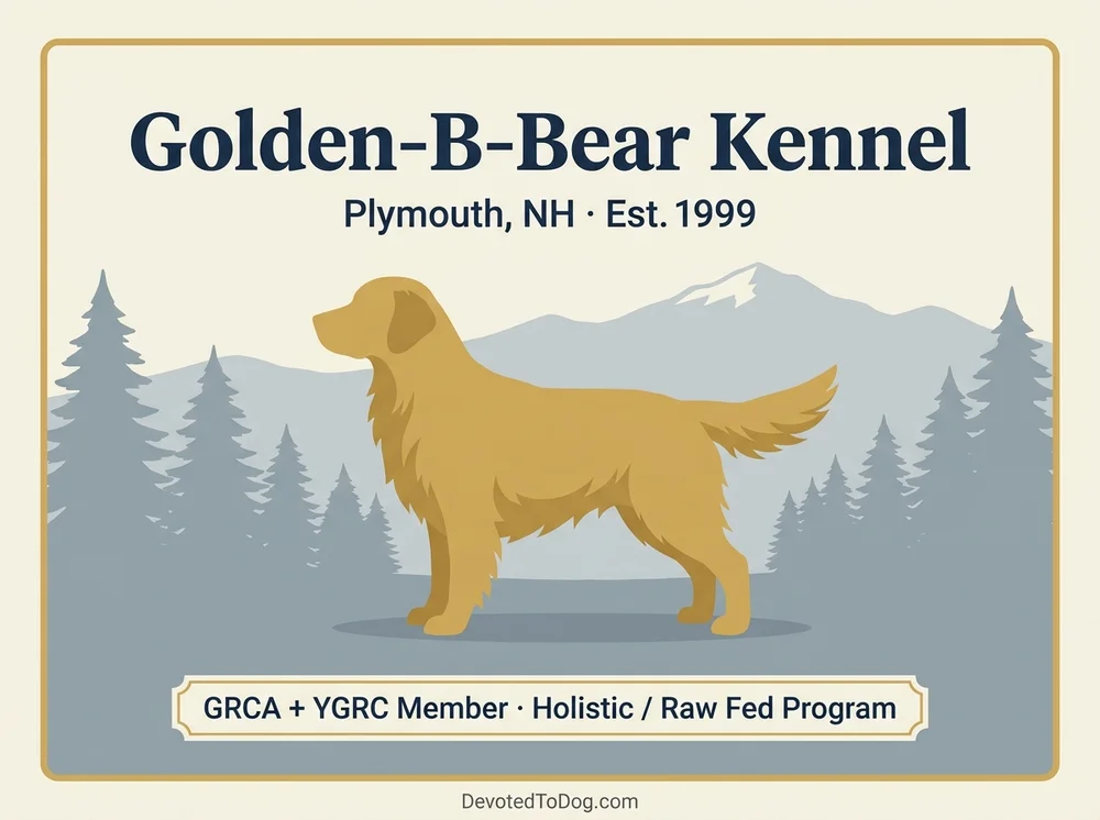 Golden-B-Bear Kennel editorial profile card showing White Mountains and Lakes Region silhouette with raw-fed holistic dog program badge.