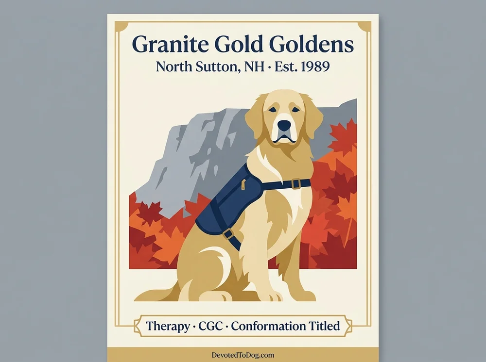 Granite Gold Goldens editorial profile card showing therapy dog and CGC badge with stylized New Hampshire granite ledge silhouette.