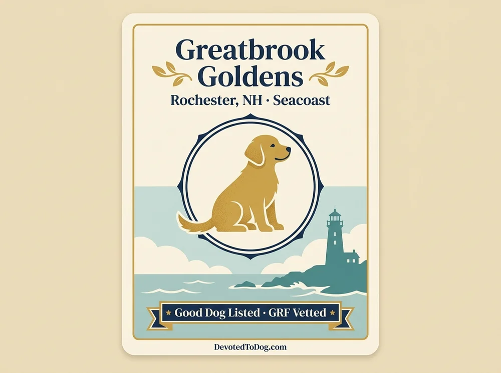 Greatbrook Goldens editorial profile card showing Seacoast NH lighthouse silhouette and Good Dog verification badge.