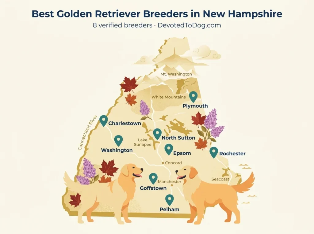 Editorial flat-vector map of New Hampshire showing eight verified golden retriever breeder pin locations from the Seacoast to the White Mountains, with a verification badge listing OFA health testing, GRCA membership, and written contract.