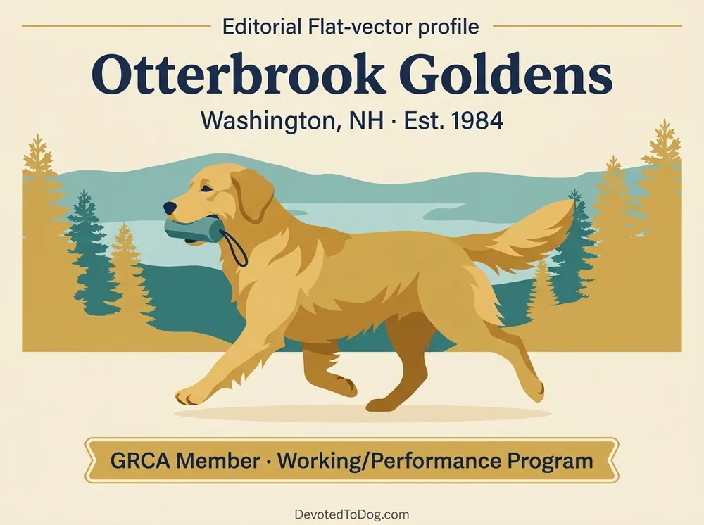 Otterbrook Goldens editorial profile card with working golden retriever silhouette and Lake Sunapee silhouette in background.