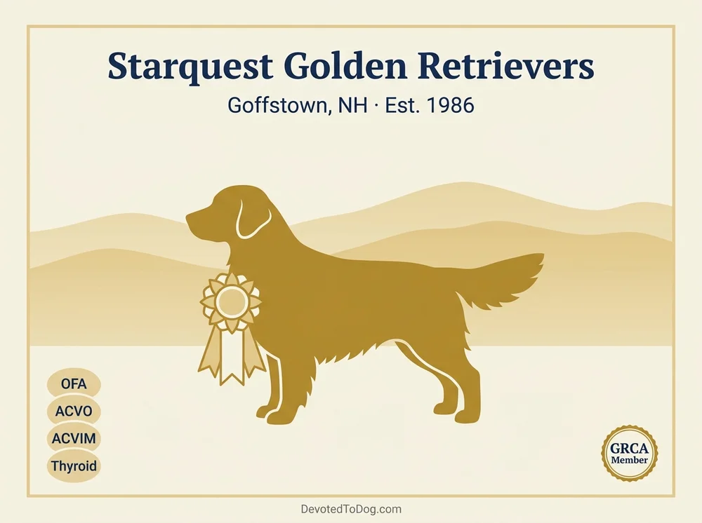 Starquest Golden Retrievers editorial profile card showing show champion silhouette and OFA + ACVO + ACVIM full clearance verification badge.