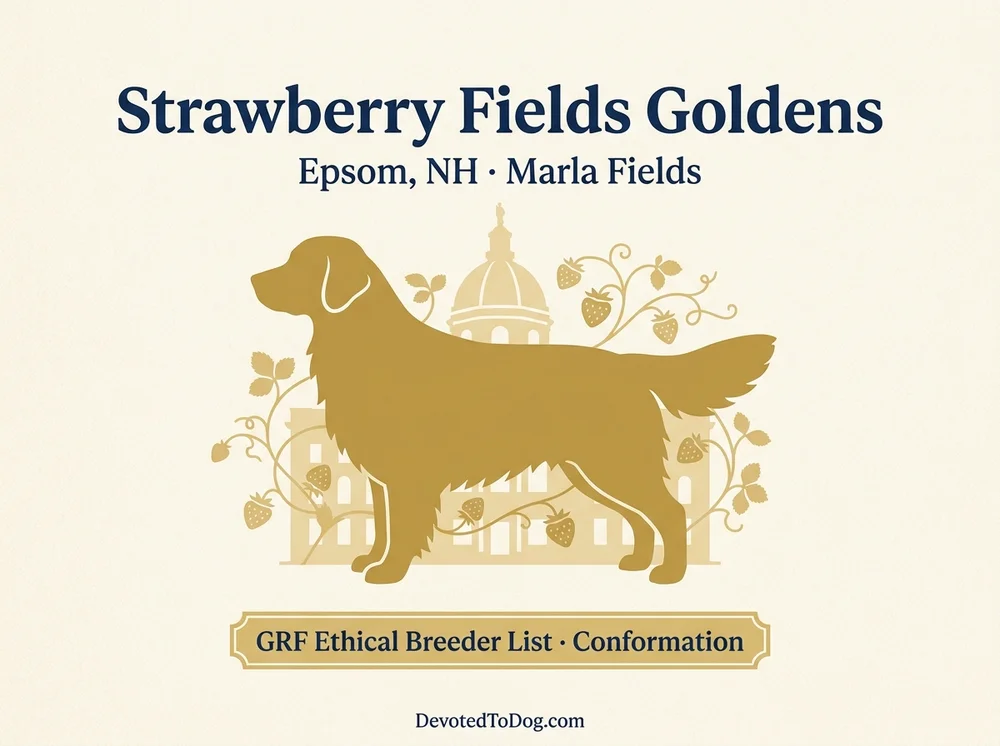 Strawberry Fields Goldens editorial profile card with conformation show silhouette and Concord NH state house silhouette in background.