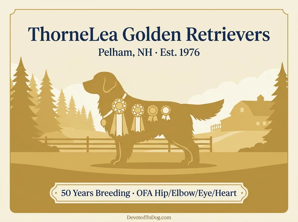 ThorneLea Golden Retrievers editorial profile card showing 50-year program longevity badge and southern NH wooded landscape silhouette.