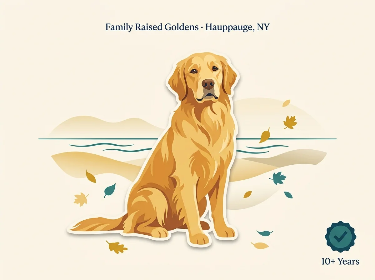 Editorial illustration of a golden retriever sitting in front of a Long Island coastal horizon, representing Family Raised Golden Retriever Puppies in Hauppauge