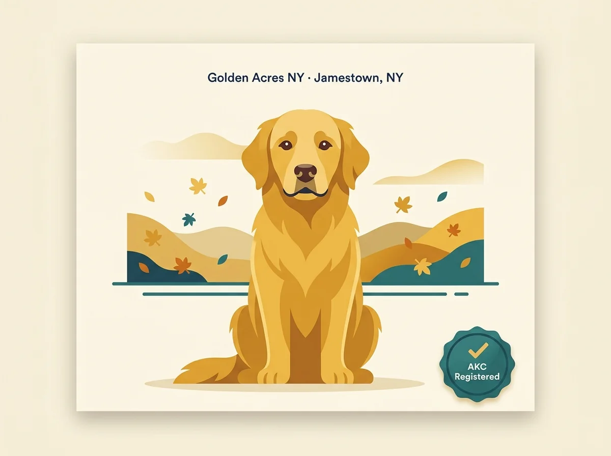 Editorial illustration of a golden retriever with Western New York Lake Erie horizon, representing Golden Acres NY in Jamestown