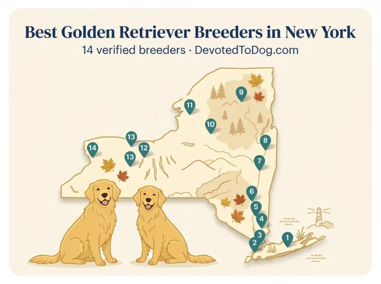 Map of New York showing 14 verified golden retriever breeders.
