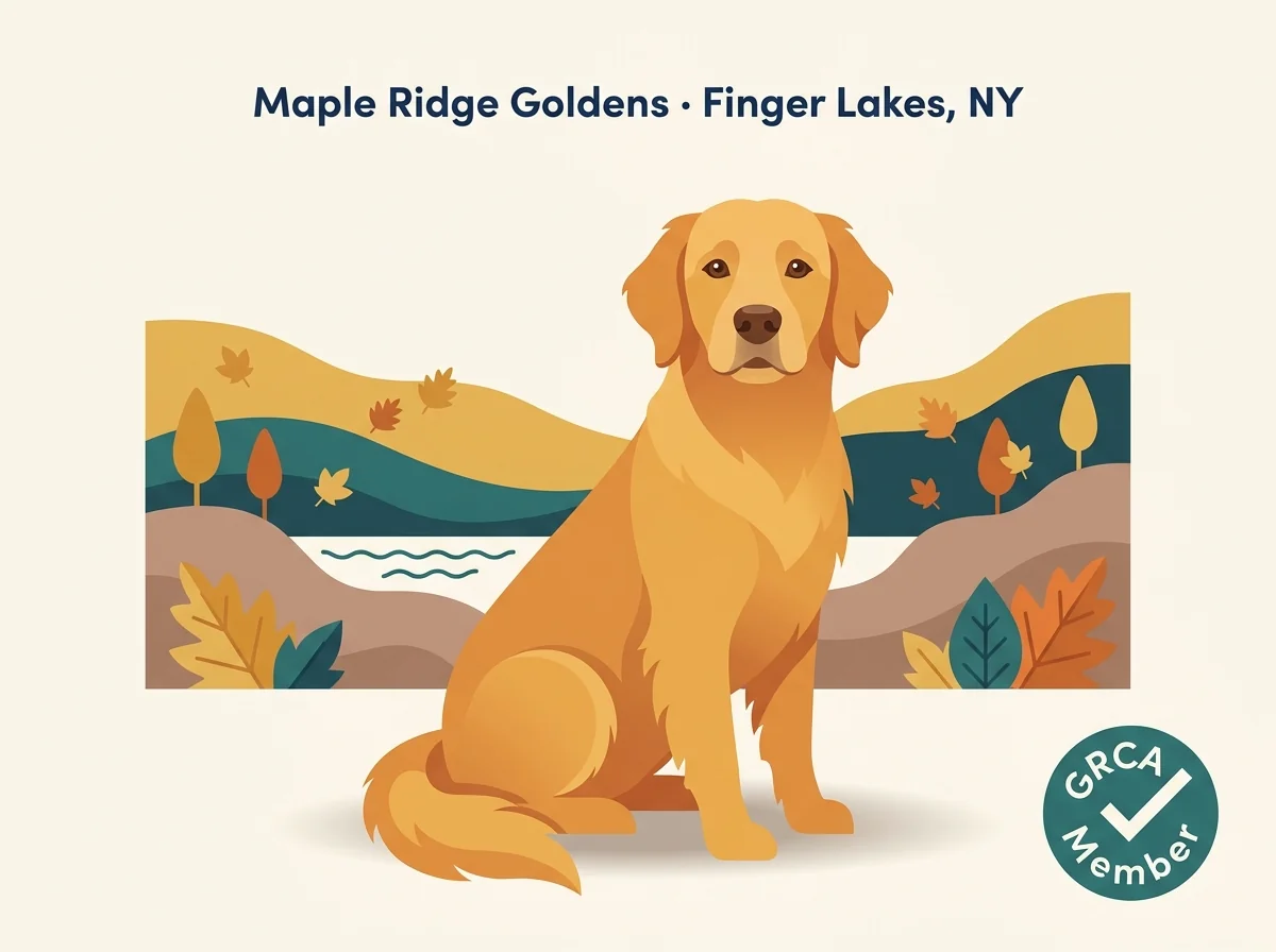 Editorial illustration of a golden retriever in front of Finger Lakes rolling hills, representing Maple Ridge Goldens in Ithaca New York