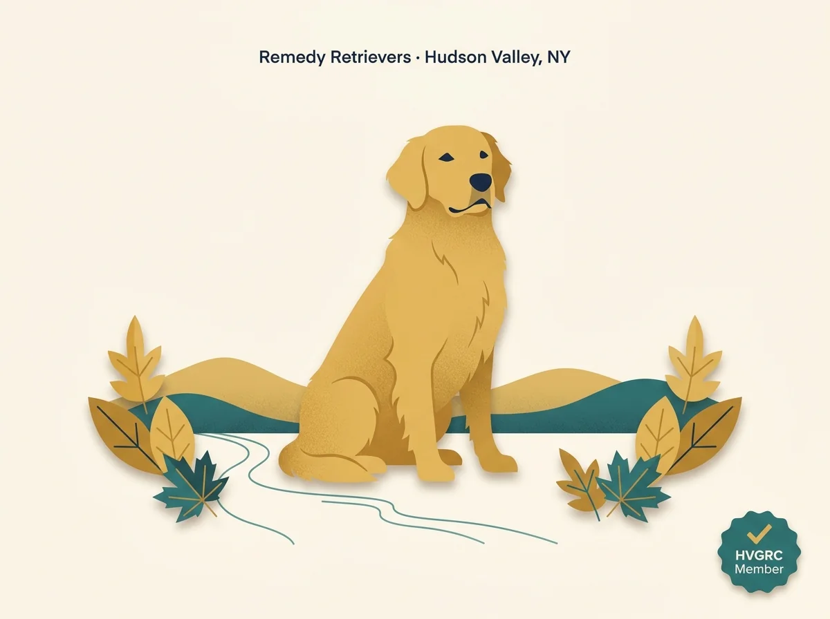 Editorial illustration of a golden retriever with Hudson Valley rolling hills, representing Remedy Retrievers a Hudson Valley Golden Retriever Club member