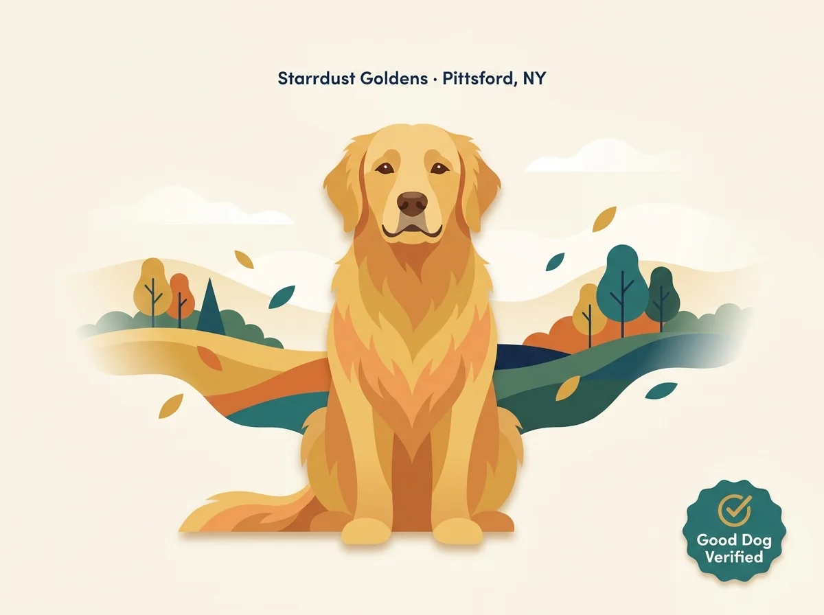 Editorial illustration of a golden retriever with upstate New York hills, representing Starrdust Goldens in Pittsford near Rochester
