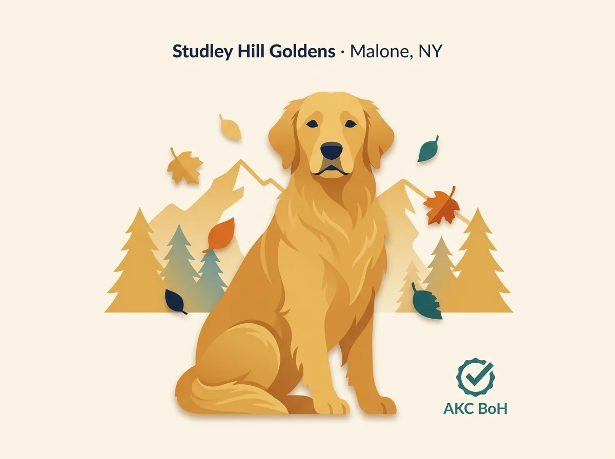 Editorial illustration of a golden retriever with Adirondack mountains and pine trees, representing Studley Hill Goldens in Malone New York