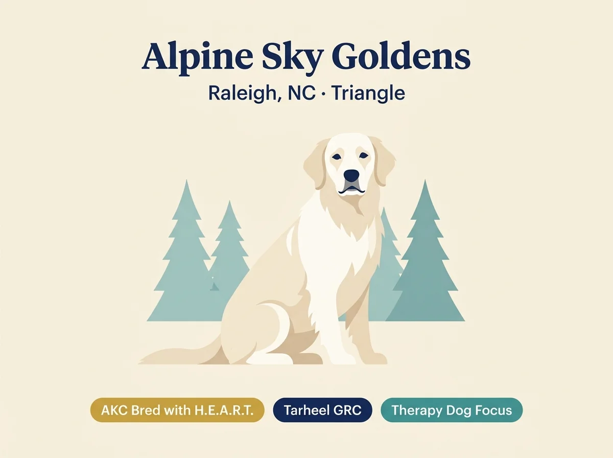 Alpine Sky Goldens editorial profile card showing AKC Bred with HEART certification, Tarheel Golden Retriever Club, Raleigh location, and English Cream therapy dog focus.