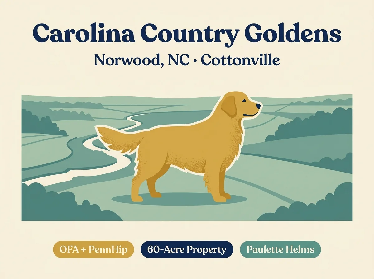 Carolina Country Goldens editorial profile card showing Norwood North Carolina rural farm setting and OFA plus PennHip health testing.