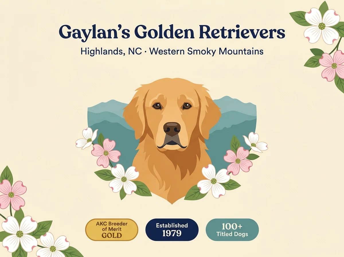 Gaylan's Golden Retrievers editorial profile card showing AKC Breeder of Merit Gold badge, Western North Carolina mountains backdrop, and three competition disciplines (Rally, agility, tracking).